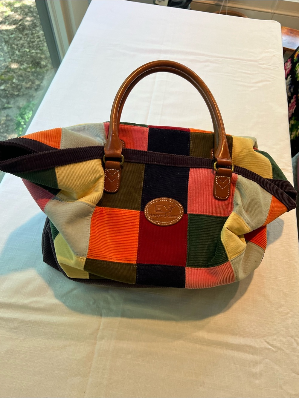 Vineyard Vines MultiโColor Patchwork Corduroy Tote with Tan Leather Handles